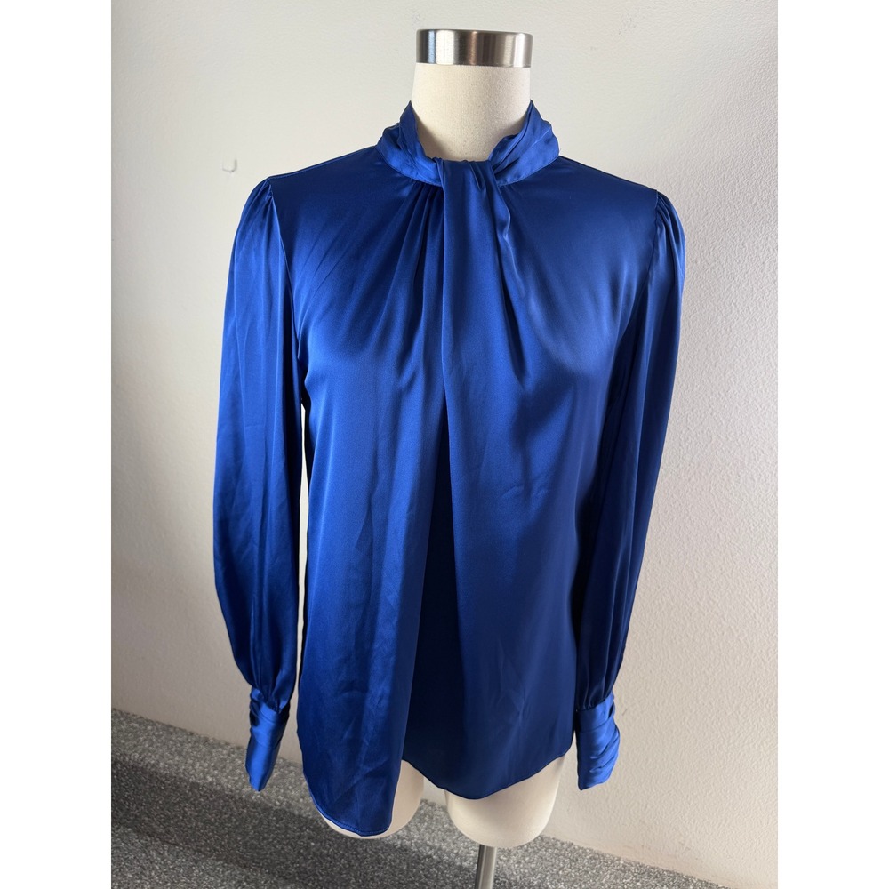 NEW White House Black Market Womens 10 Royal Blue Satin Blouse Long Sleeve